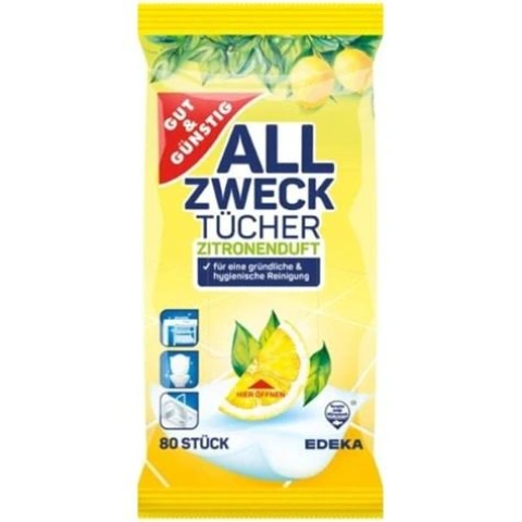 Серветки вологі для прибирання Edeka AllZweck-Tucher Zitronnen антибактеріальні Лимон 80шт