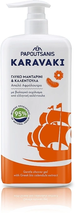 Гель-піна для душу та ванни з дозатором Papoutsanis Karavaki Gentle Shower Gel Tangerine&Calendula мандарин з календулою 750мл