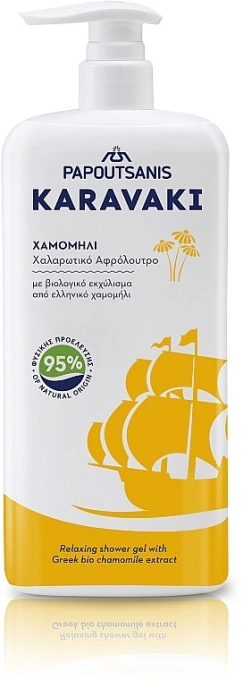 Гель-піна для душу та ванни з дозатором Papoutsanis Karavaki Relaxing Shower Gel Greek Chamomile з ромашкою 750мл