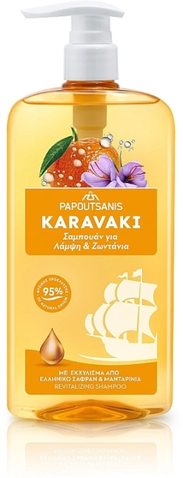 Шампунь з дозатором Papoutsanis Karavaki Revitalizing shampoo Shine&Vitality Блиск та Зволоження Шафран та Тангерін 600мл