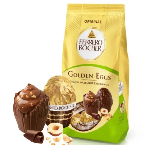 Цукерки шоколадні Ferrero Rocher Golden Eggs Creamy Hazelnut experience Original з лісовими горіхами 90г