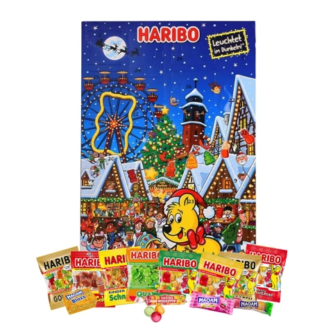 Набір Подарунок Новорічний Адвент календар Haribo Advent calendar Glow in the dark пакетики цукерок Харібо Дитячий 300г
