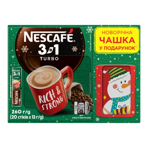 Набір Новорічний напій кавовий розчинний Cтіки Nescafe 3в1 Turbo Rich&Strong 20шт плюс Чашка керамічна червона Nescafe 260г