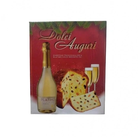 Набір Подарунок Різдвяний Dolci Auguri Panettone Tradizionale Platino&Gold Moscato Шампанське панеттон з родзинками 2шт Бокс 2500г