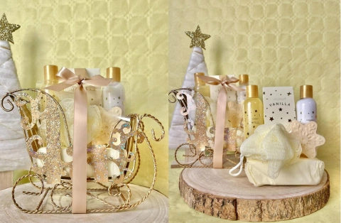 Набір Новорічний Подарунок Косметика для ванни та процедур SPA 5в1 WonderNice Christmas Present металеві Різдвяні сані 505мл