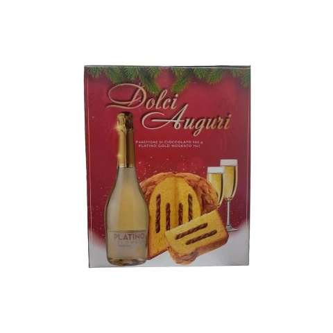Набір Подарунок Різдвяний Dolci Auguri Panettone Tradizionale Platino&Gold Moscato Шампанське Панеттон шоколадний крем 2шт 2500г