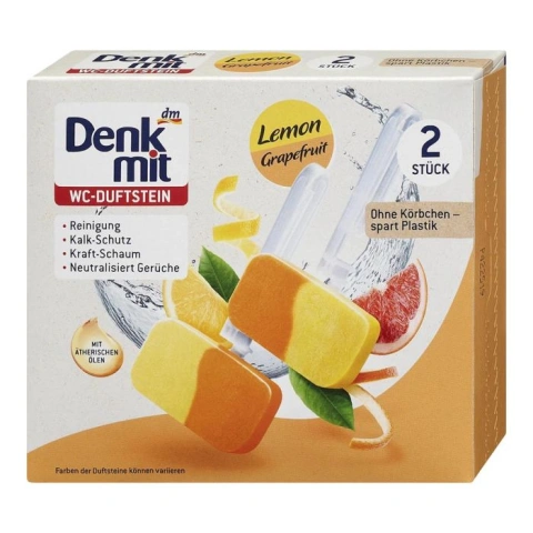 Підвіска Ароматичний блок для очищенння унітазу Denkmit WC Duftstain Lemon Grapefruit з подвійним ароматом Лимон Грейпфрут 2шт