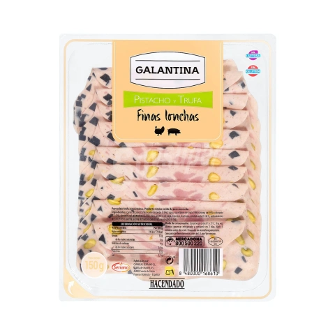 Шинка з Індика та Свинини з фісташками та Трюфелями тостова Hacendado Serrano Galantina Pistacho Trufa Хасендадо Серрано бутербродна Слайс 12шт 150г