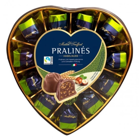 Цукерки шоколадні Праліне з горіховим кремом та Злаками Maitre Truffout Pralines Hazelnut Подарунковий Бокс Сердечко 165г