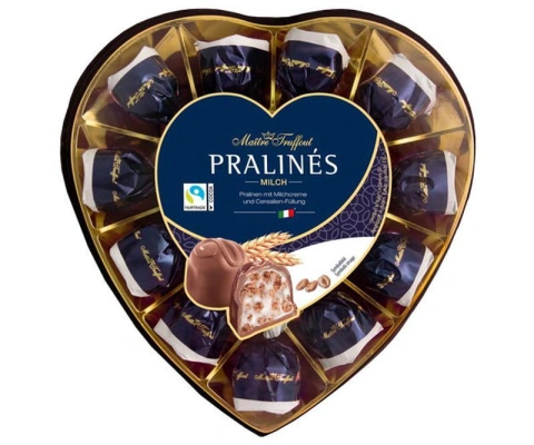 Цукерки з молочного шоколаду Праліне з Злаками Maitre Truffout Pralines Milch Подарунковий бокс Сердечко 165г