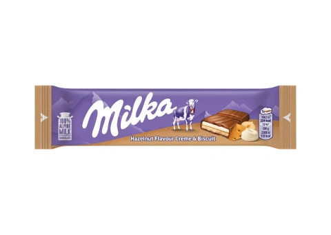Печиво бісквітне батончик в Шоколаді Milka Hazelnut flavour Creme Bisquit mini Мілка міні плитка з лісовим горіхом 46г