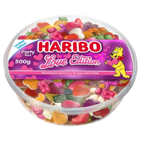 Цукерки Сердечка жувальні набір Haribo Love Edition Party Box Mix Харібо Кохання мікс желейні Фруктове асорті Паті Бокс 500г