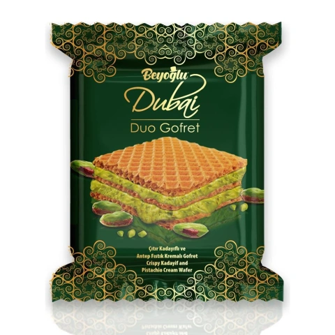 Вафлі Дубайські Плитка подвійна Beyoglu Dubai Duo Gofret Kadayif Pistachio Creme Гофровані з фісташковим кремом та Кадаїфом 36г