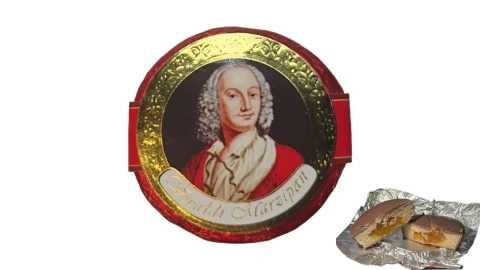 Цукерка шоколадна Монета Laran Vivaldi Marzipan Coin Red Ларан Вівальді Марципан з курагою в молочному шоколаді в Фользі 42г