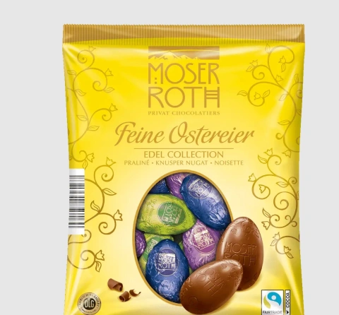 Яйця Пасхальні Шоколадні в кольоровій фользі Moser Roth Feine Ostereier Edel Collection Praline нуга та праліне Асорті 10шт 150г