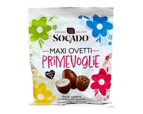 Яйця Шоколадні Великодні Socado Primevoglie Maxi Ovetti Praline Assortite Сокадо Оветті Пасхальні з праліне Асорті Пакет 8шт 110г