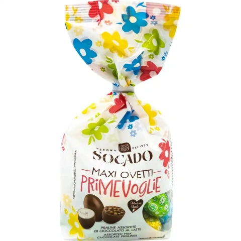 Яйця Шоколадні Великодні Socado Maxi Ovetti Primevoglie Praline Assortite Сокадо Оветті Пасхальні з праліне Асорті Пакет 18шт 250г