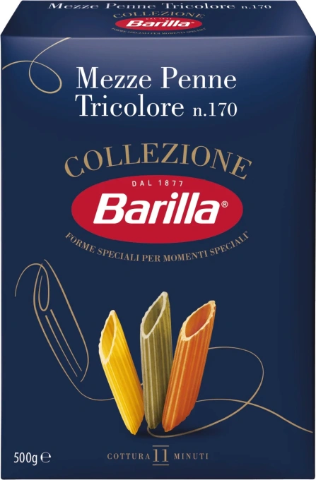 Макарони Мецце Пенне №170 Barilla Collezione Mezze Penne Tricolore Барілла Паста спіральні Трубочки Триколірні Шпинат Томати 500г