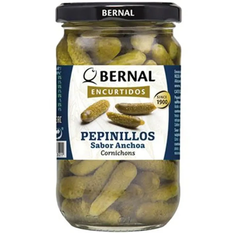 Огірки Корнішони мариновані Bernal Encurtidos Pepinillos Sabor Anchoa Бернал з анчоусами в розсолі Зелені Банка 300г