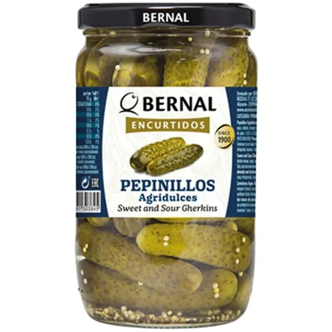 Огірки Корнішони мариновані Bernal Encurtidos Pepinillos Agridulces Бернал з кисло-солодкому розсолі Зелені Банка 685г