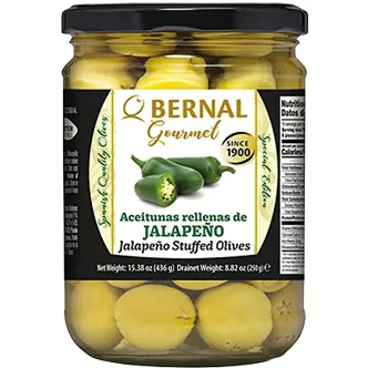 Оливки мариновані з Халапеньйо Bernal Gourmet Jalapeno Olives Бернал Гурман фаршировані Перцем Гострі Зелені Банка 436г