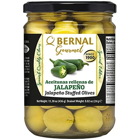 Оливки мариновані з Халапеньйо Bernal Gourmet Jalapeno Olives Бернал Гурман фаршировані Перцем Гострі Зелені Банка 436г