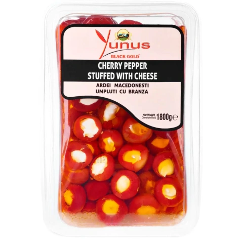 Перець Чері фарширований Сир Фета Yunus Cherry Pepper Stuffed Cheese Feta Юнус перчики з Сиром Чорне золото пластиковий Бокс 1800г