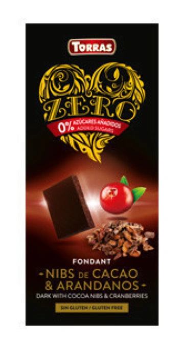 Чорний шоколад Torras без цукру torras zero with cocoa nibs and cranberries з какао-бобами та журавлиною іспанія 125 г