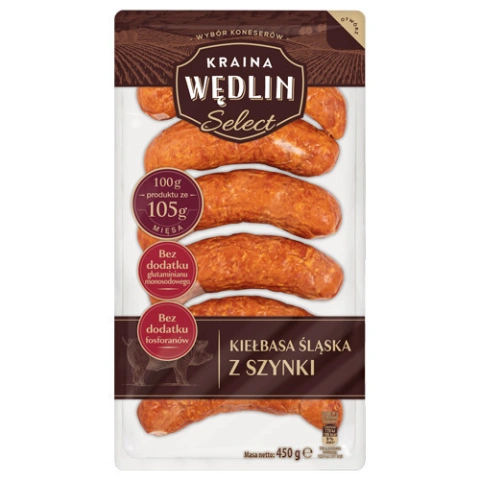 Колбаса для грилю напівкопчена Kraina Wedlin Selekt Kielbasa Slaska z Szynki Країна Ведлін Селекційна свинина Ковбаски 6шт 450г