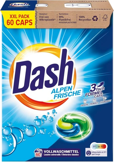 Капсули для прання Білих та Світлих речей Dash VollwaSchmittel AlpenFrische 3in1 White Pods Даш 3х-компонентні капсули 60шт 1490г