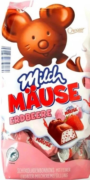 Шоколадні цукерки Choceur Milch Mause Eerdbeere Молочні Мишки з фундуком з Чорного шоколаду та Полуницею 210г