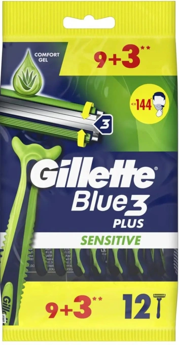 Бритви для гоління Чоловічі Gillette Blue3 Plus Sensitive Джілет Блу Сенсітів одноразові Змащувальна змужка АлоеВера 3леза 12шт