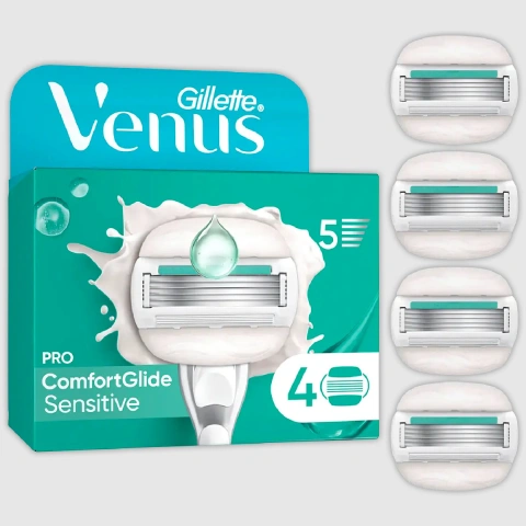 Касети Леза змінні Бритви Жіночі Gillette Venus Pro Comfortglide Sensitive 4Pac Картріджі одноразові Змащувальна змужка 5лез 4шт