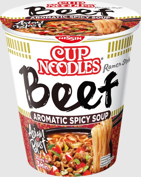 Локшина для Рамену Швидкого приготування Nissin Cup noodles Aromatic Spicy Soup Beef Суп з макаронами смак Яловичина Стакан 64г