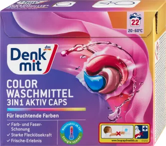 Капсули для прання Кольорової білизни Denkmit Colorwaschmittel 3in1 Aktiv Caps Денкміт колор актив Збереження кольорів 22шт