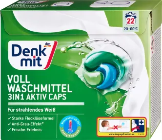 Капсули для прання Білої та світлої білизни Denkmit Vollwaschmittel 3in1 Aktiv Caps Денкміт актив для Білого 22шт