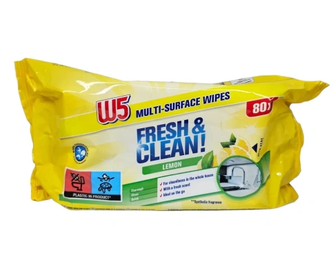 Серветки вологі для Прибирання Універсальні W5 Multi Surface Wipes Fresh&Clean Lemon В5 для мультиповерхонь з Клапаном Лимон 80шт