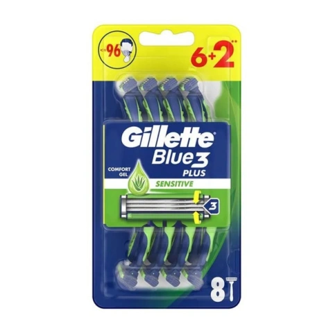 Бритви для гоління Чоловічі Gillette Blue3 Plus Sensitive Comfort Gel Джілет Блу Сенсітів одноразові змужка АлоеВера 3леза 8шт